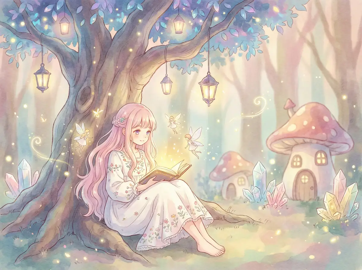 打扑克又疼又叫软件下载 - 魔法森林中阅读故事书的粉发少女与精灵
